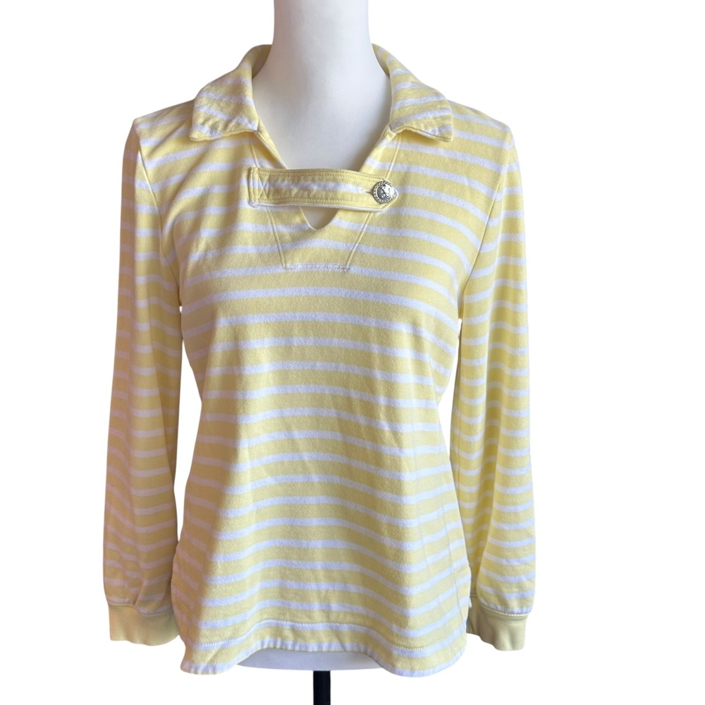 Talbots Top Women's Medium Yellow Striped Cotton Long‎ Sleeve Collared Neckline